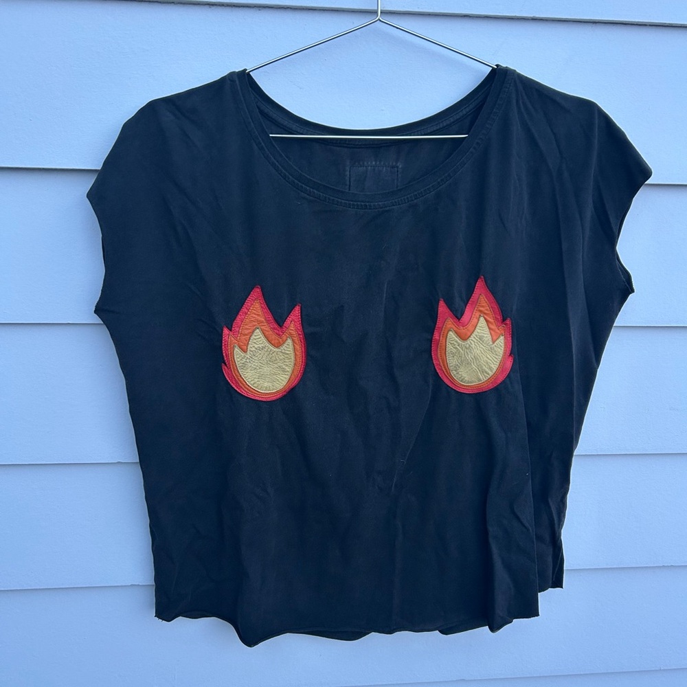 Gypsetter fire emoji leather patch top